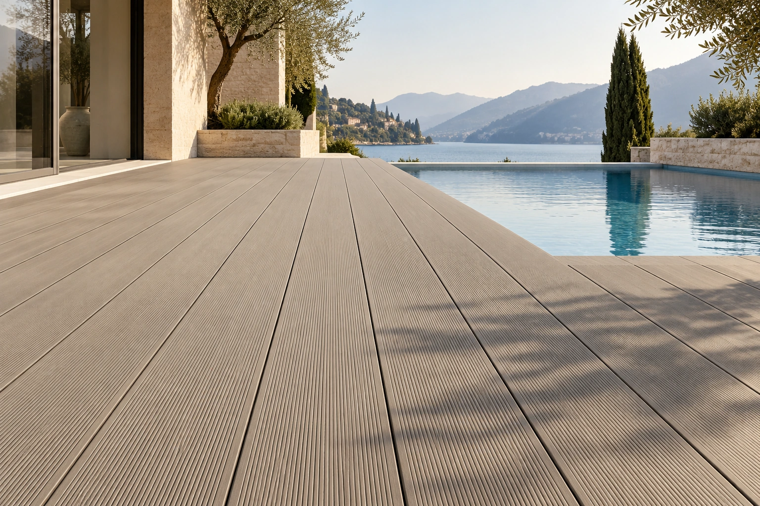 Concept di terrazza sul lago con pavimentazione in WPVC