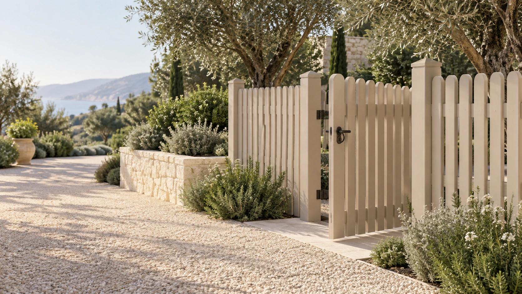Concept di giardino mediterraneo con staccionata e cancello in WPVC
