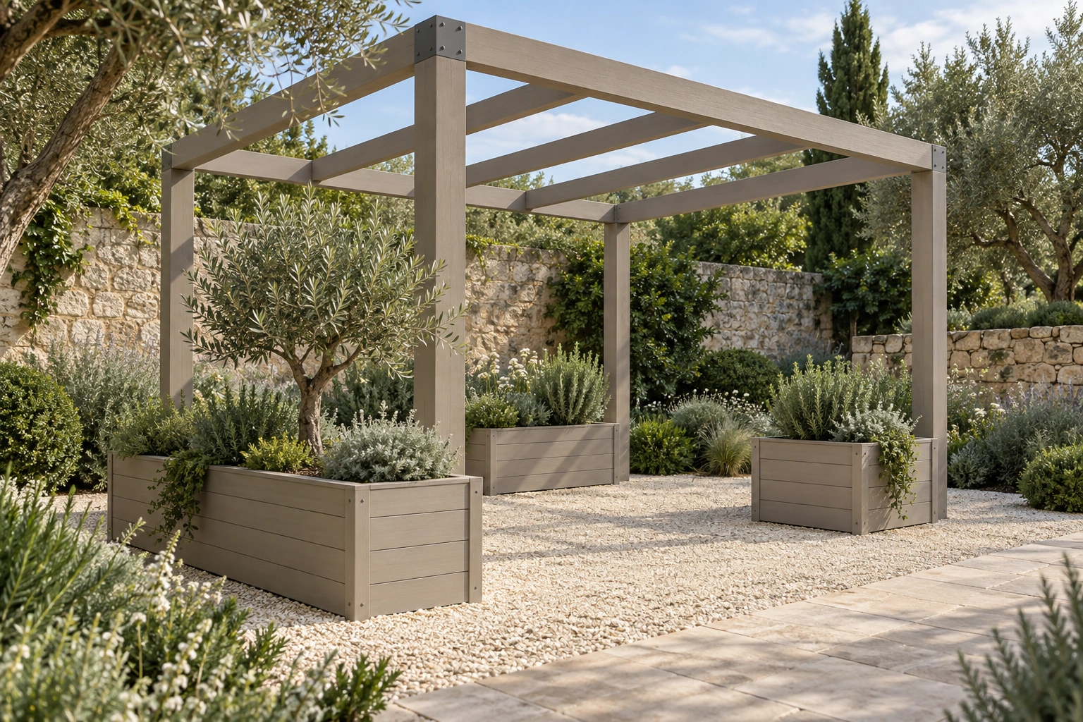 Concept di giardino con pergolato e fioriere in WPVC